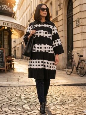 Diane von Furstenberg Black & White Striped Coat Silk Abstract size 6 OVERSIZED